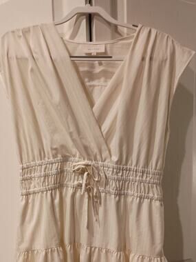MELLODAY, SIZE LARGE PALE YELLOW AND WHITE STRIPE SUMMER DRESS. New W/O Tags